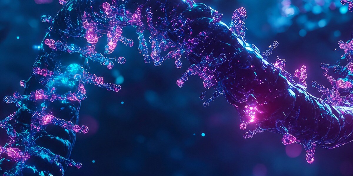 Abstract molecular structures glowing in blue and purple, representing inert UHPLC sample analysis.