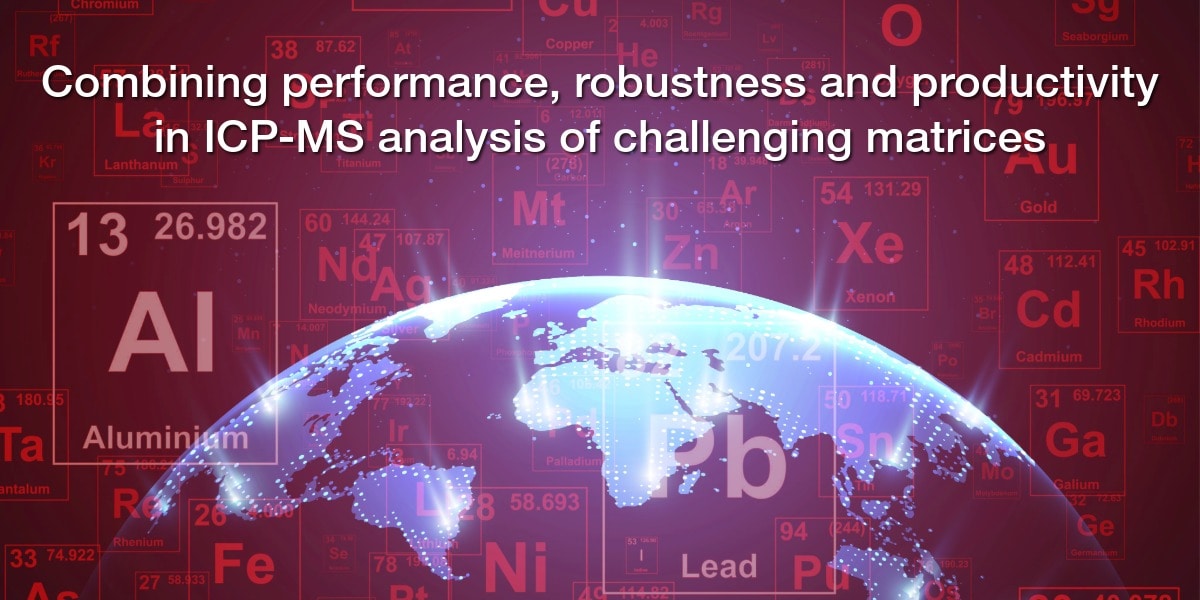 ICP-MS analysis graphic featuring Earth and periodic table elements, emphasizing performance, robustness, and productivity.