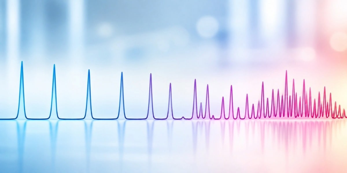 Chromatogram with blue-to-pink peaks illustrating separation of a complex oligonucleotide sample.