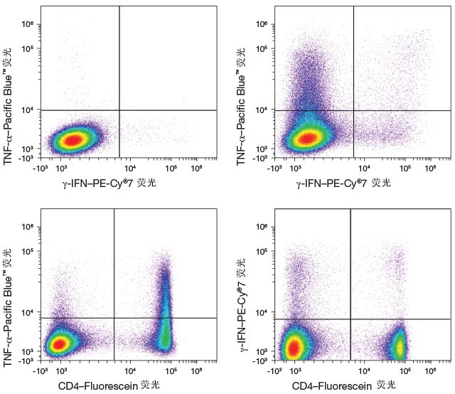 four different flow cytometry scatter plots showing various populations distinguishable using TNF-a, IFN, and CD4 markers