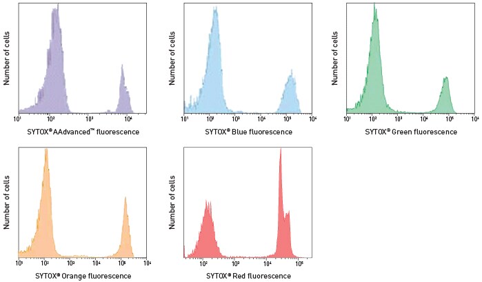 5-panel graph showing cell viability of Jurkat cells labeled with each of the SYTOX Dead Cell stains